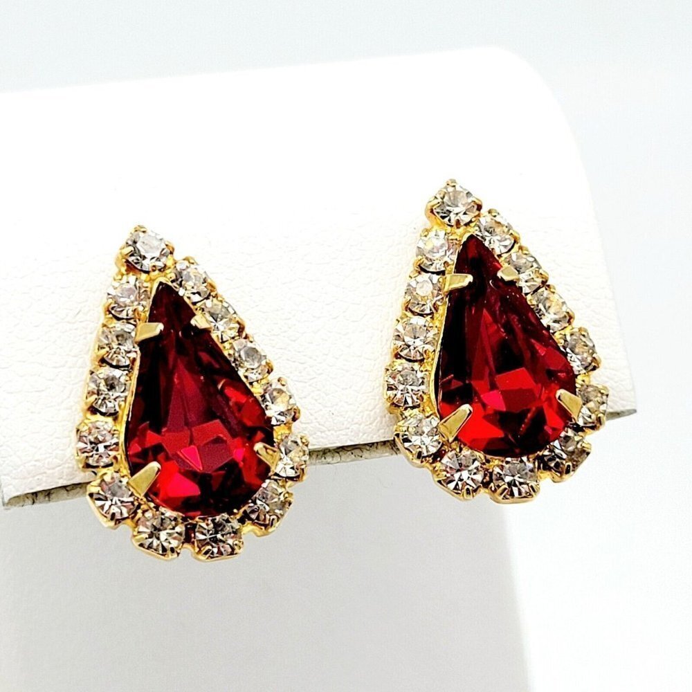 Red Teardrop & Cubic Zirconia Post Back Earrings Gold Tone Pierced Timeless
